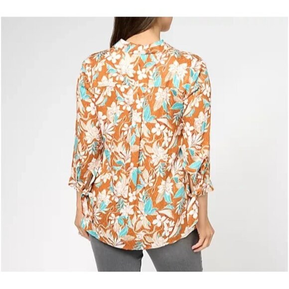 Susan Graver Woven Jacquard A-Line Button-Front Shirt Copper/Teal 2XS A610482 - Picture 2 of 3